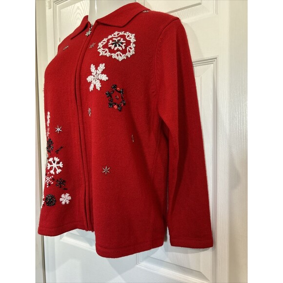 Allison Daley Cardigan Women's M Full Zip Red Christmas Sweater Snow Flakes - Picture 2 of 12